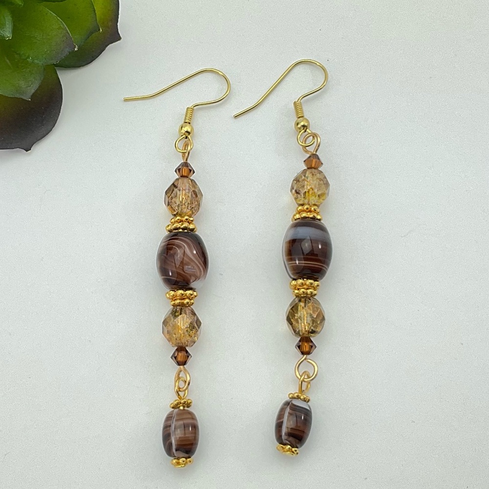 Art Glass Dangle Earrings, Handmade, Vintage Brown Swirl Beads, Crystals, BoHo - Picture 9 of 10